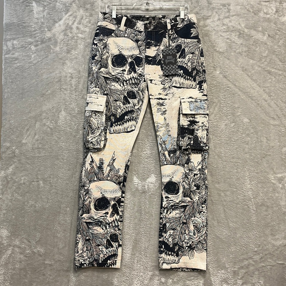Rebel Vengeance Cargo Pants Mens 30 Black Tapestry Skull Woven Jacquard Street